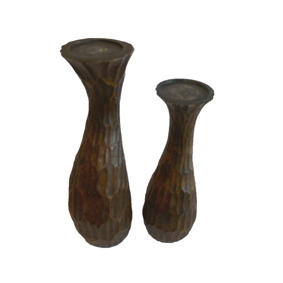 Pair Faux Wood Rustic Resin Curvy Textured Pillar Candle Holders - Picture 13 of 16